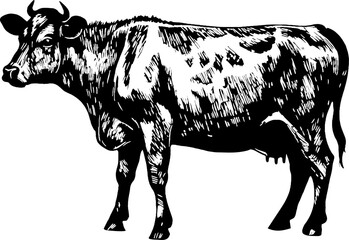 Illustration of a cow. Engraving style art.
