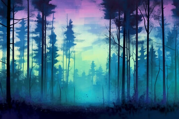 Abstract gradient art style, a mysterious forest at twilight with a mystical mood. AI generative
