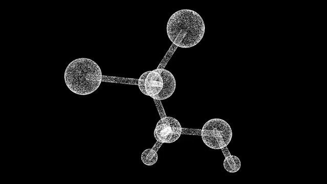 3D molecule on black bg. Object dissolved flickering particles. Scientific medical concept. For title, text, presentation. 3d animation.