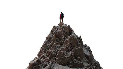 Rocky Mountain Peak with man Standing. Transparent background. Adventure Concept. 3d Rendering - obrazy, fototapety, plakaty