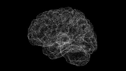 3D brain on black bg. Object dissolved flickering particles. Scientific medical concept. For title, text, presentation. 3d animation.