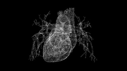 3D human heart on black bg. Cardiovascular system human body. Object dissolved flickering particles. Scientific medical concept. For title, text, presentation. 3d animation.