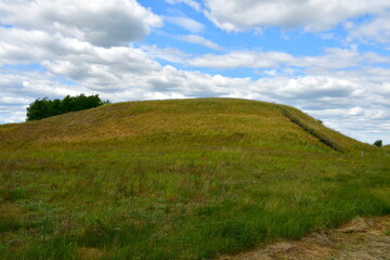 A view from the top of a tall hill covered with grass, herbs, and other flora showing some vast fields, meadows, pasturelands, forest,moors, and a tall hill with some flags on top of it seen in summer