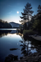 Fototapeta na wymiar Photo of lake with moon reflection. AI generative