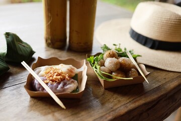 Traditional Thai food Thai Steamed Pork Dumplings on the table Oriental food concept