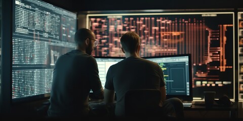 A close-up of two individuals performing big data analysis on a computer in an office setting. developers engaged on a new project. Generative Ai.