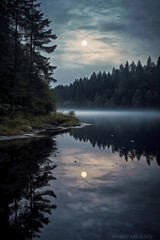Fototapeta na wymiar Photo of lake with moon reflection. AI generative