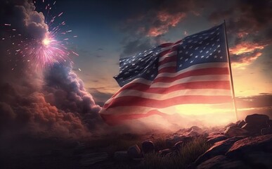 realistic 4th of July background, Celebration background for American holidays with American flag and fireworks