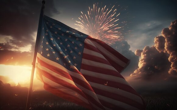 realistic 4th of July background, Celebration background for American holidays with American flag and fireworks