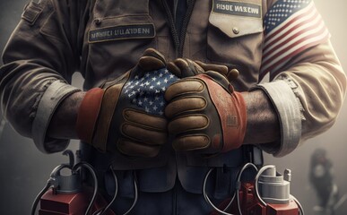 American flags background, Worker holding tool,