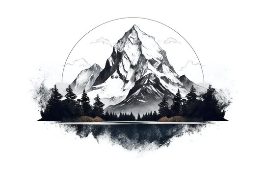 adriennetattoos:the-mountains-blackwork-dotwork -black-and-grey-landscape-dog-mountains-trees-river-realism