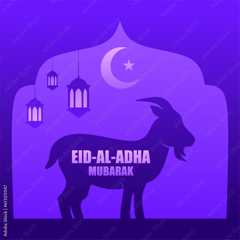 Poster Eid al adha vector illustration for islam culture. Qurban design of goat and mosque for eid al adha mubarak. Islamic design of qurban for al adha event celebration in muslim culture and islam religion