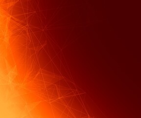 Orange yellow gradient square web banner background. Fantasy abstract technology, engineering and science wallpaper with particles and plexus connected lines. Wireframe 3D illustration and copy space