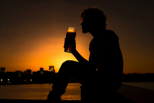 Silhouette of a person drinking a beer. AI generative
