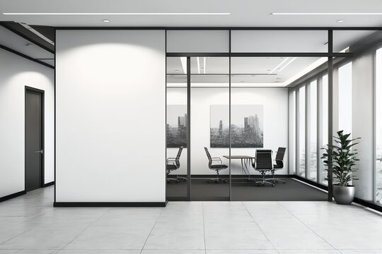 Office Lobby With A Large White Wall (no Text For Mockup) Near Meeting Rooms