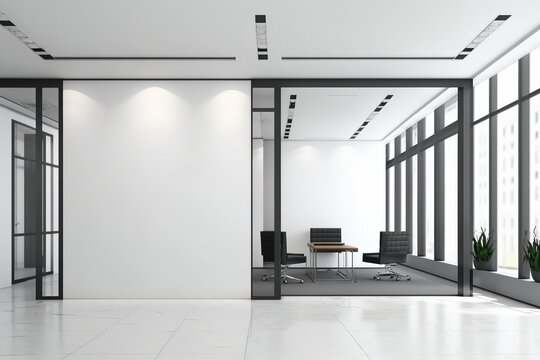 Office Lobby With A Large White Wall (no Text For Mockup) Near Meeting Rooms