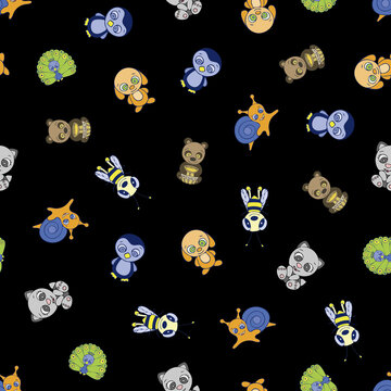 Cute Animals, Birds and Insects Seamless Pattern. Hand Drawn Digital Paper with Colorful Animals Illustration. Wallpaper with Cute Bear, Dog, Cat, Snail, Penguin, Bee and Peacock on Black Background.
