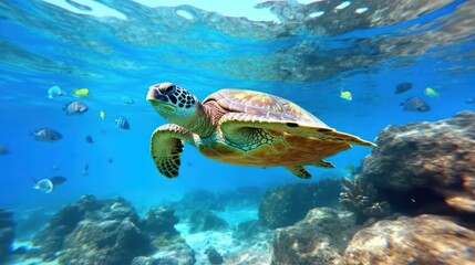 Fototapeta na wymiar Sea turtle swimming underwater with coral reef, Generative AI