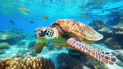 Fototapeta na wymiar Sea turtle swimming underwater with coral reef, Generative AI