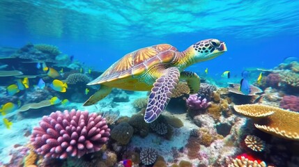Obraz na płótnie Canvas Sea turtle swimming underwater with coral reef, Generative AI