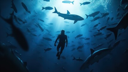Fototapeta na wymiar Silhouette of a diver in deep blue ocean with sharks., Generative AI