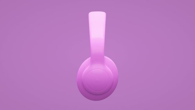 3D pink headphones rotate around axis, accelerate and decelerate towards end of video. Podcast, music listen abstract visualization. Earphones turn around on pink background, seamless loop alpha matte