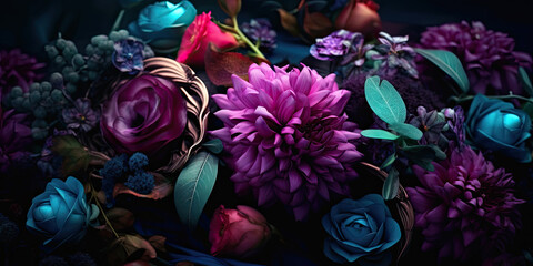 Colorful and purple flowers on a dark background. Generative AI