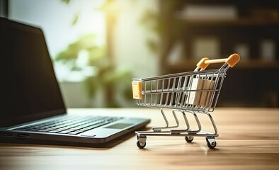 Shopping Cart Model and Laptop on Blurred Home Background. Online Business and E-Commerce Concept
