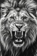 Portrait of a roaring lion in black and white as a template for tattoos (Generative AI, Generativ, KI)