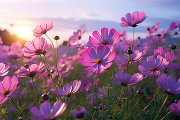 Cosmos flowers dripping in bloom at sunset. Generative AI