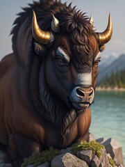 Close-up portrait of a bison wearing a zucchetto, posing on a Reef. Generative AI