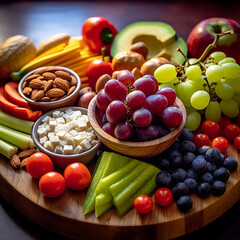 Obraz na płótnie Canvas Fresh and Nutritious Fruits Platter with Almonds and Cheese - Healthy and Delicious Feast - Nutrition - fruits platter - nut - healthy - health - fresh - nutritious - generative ai