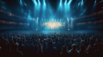 Fototapeta na wymiar Crowd facing illuminated stage. Generative AI