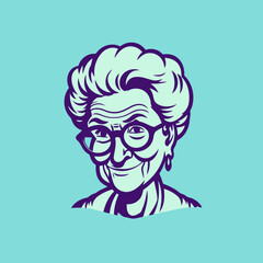 Elderly woman with glasses. Vector illustration on blue background.