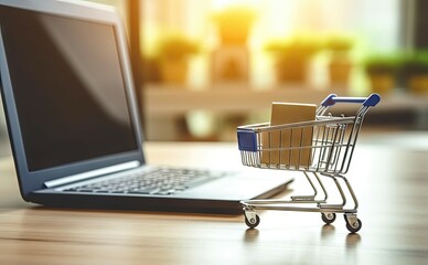 Shopping Cart Model and Laptop on Blurred Home Background. Online Business and E-Commerce Concept