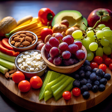 Fresh and Nutritious Fruits Platter with Almonds and Cheese - Healthy and Delicious Feast - Nutrition - fruits platter - nut - healthy - health - fresh - nutritious - generative ai