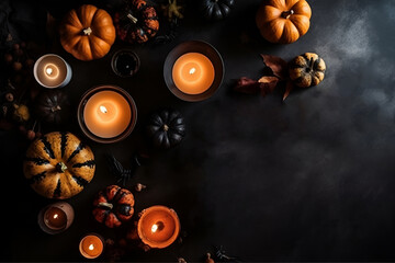 Halloween card, holiday attributes, pumpkins, candles and spiders. With Generative AI technology