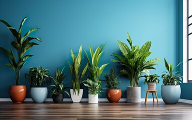 The indoor potted plants decoration in modern room with a wooden floor and blue wall. Generative AI