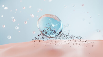 3D illustration of serum droplet cleansing dirt and impurities from skin surface. Concept for deep cleaning, skincare, pore detox, and facial treatment.
