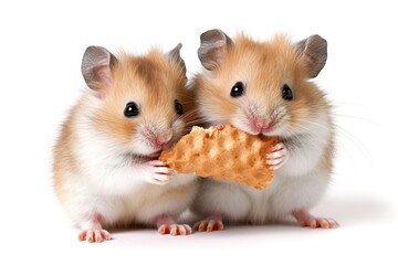 Obraz premium hamsters eat waffle isolated on white background. Generated by AI.