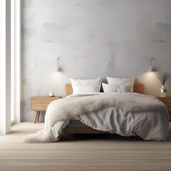 Fototapeta na wymiar Bedroom interior mockup, cozy home room decor with wide empty wall, bed, blanket and carpet Generative AI