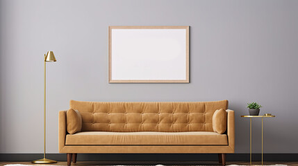 A living room with a couch and a lamp. Generative AI. Poster canvas mockup.