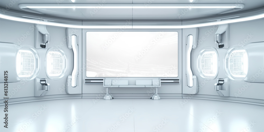 Poster a futuristic space station with a large screen. generative ai.