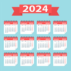 2024 Calendar Leaves Flat Set - Vector Illustration