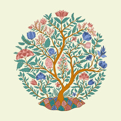 Mughal decorative ornamental tree. Vintage intricate traditional mughal style with flowers and foliage.