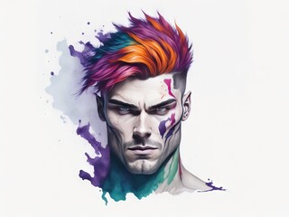 The abstract face of a man with color hair with hand covered chest, painted in watercolor on a white background.