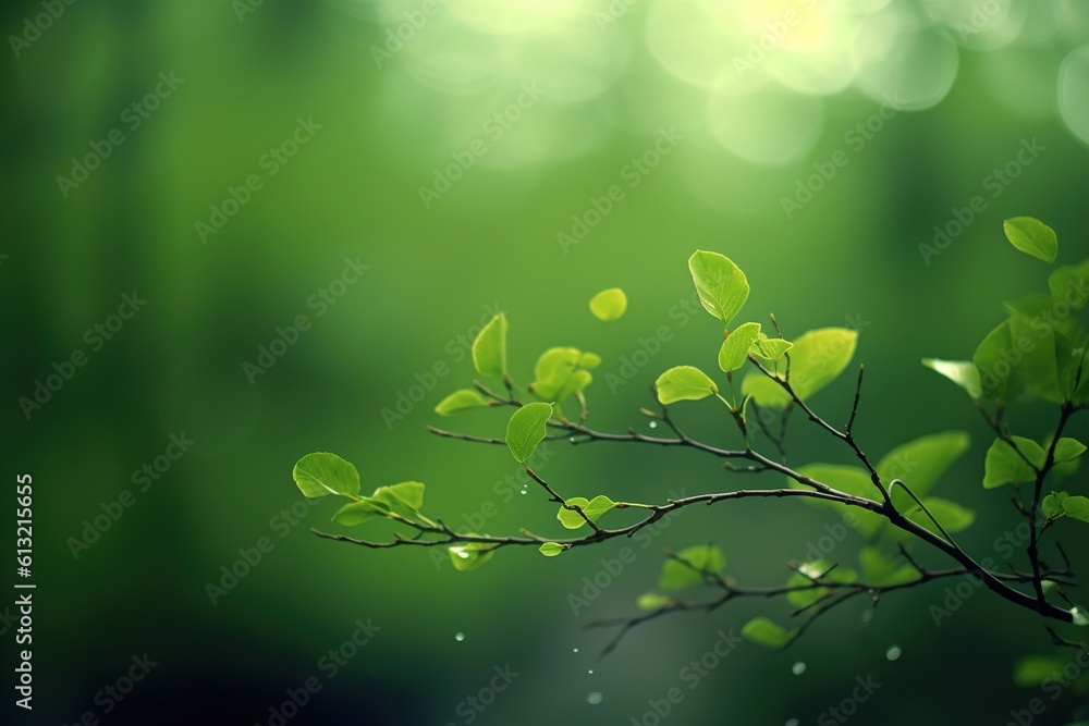 Poster tree branch with leaves in the forest. beautiful bokeh.