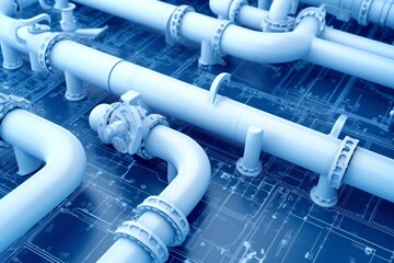 White plumbing pipes and connections blueprint on blue background Generative AI