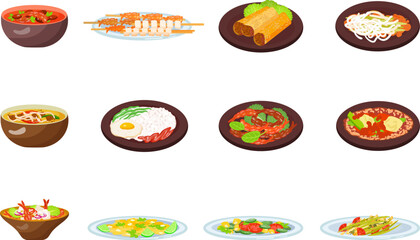 Thai food icons set cartoon vector. Rice dinner. Dinner food