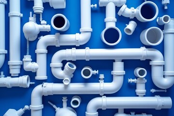 White plumbing pipes and connections blueprint on blue background Generative AI